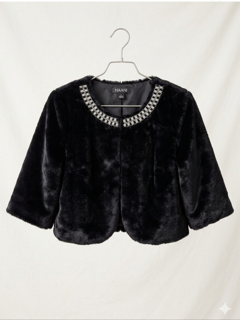 Haani Black Faux Fur Cropped Bolero Jacket Rhinestone Collar Sz L